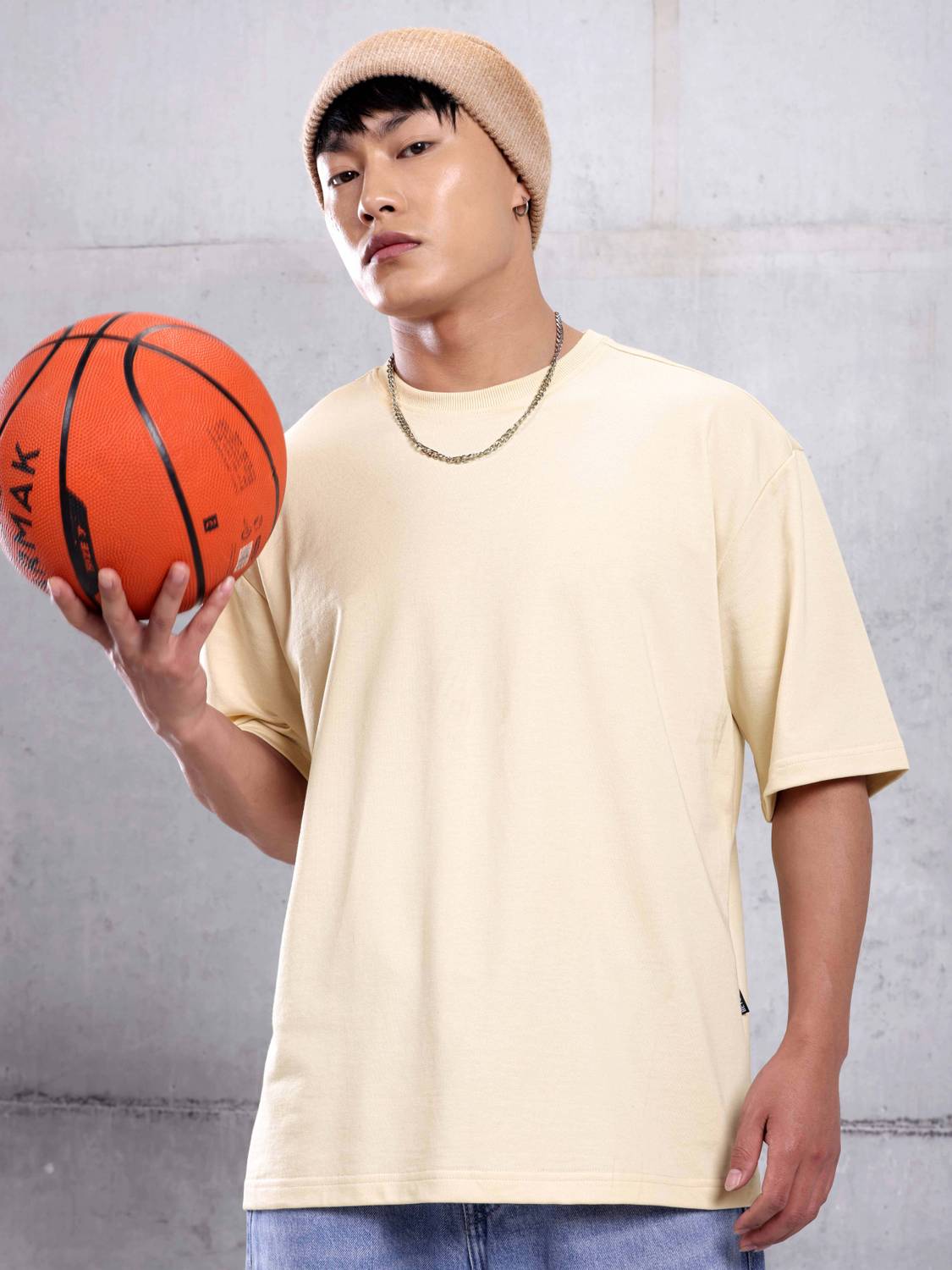 BEYOUNG Solid Men Round Neck Beige T-Shirt