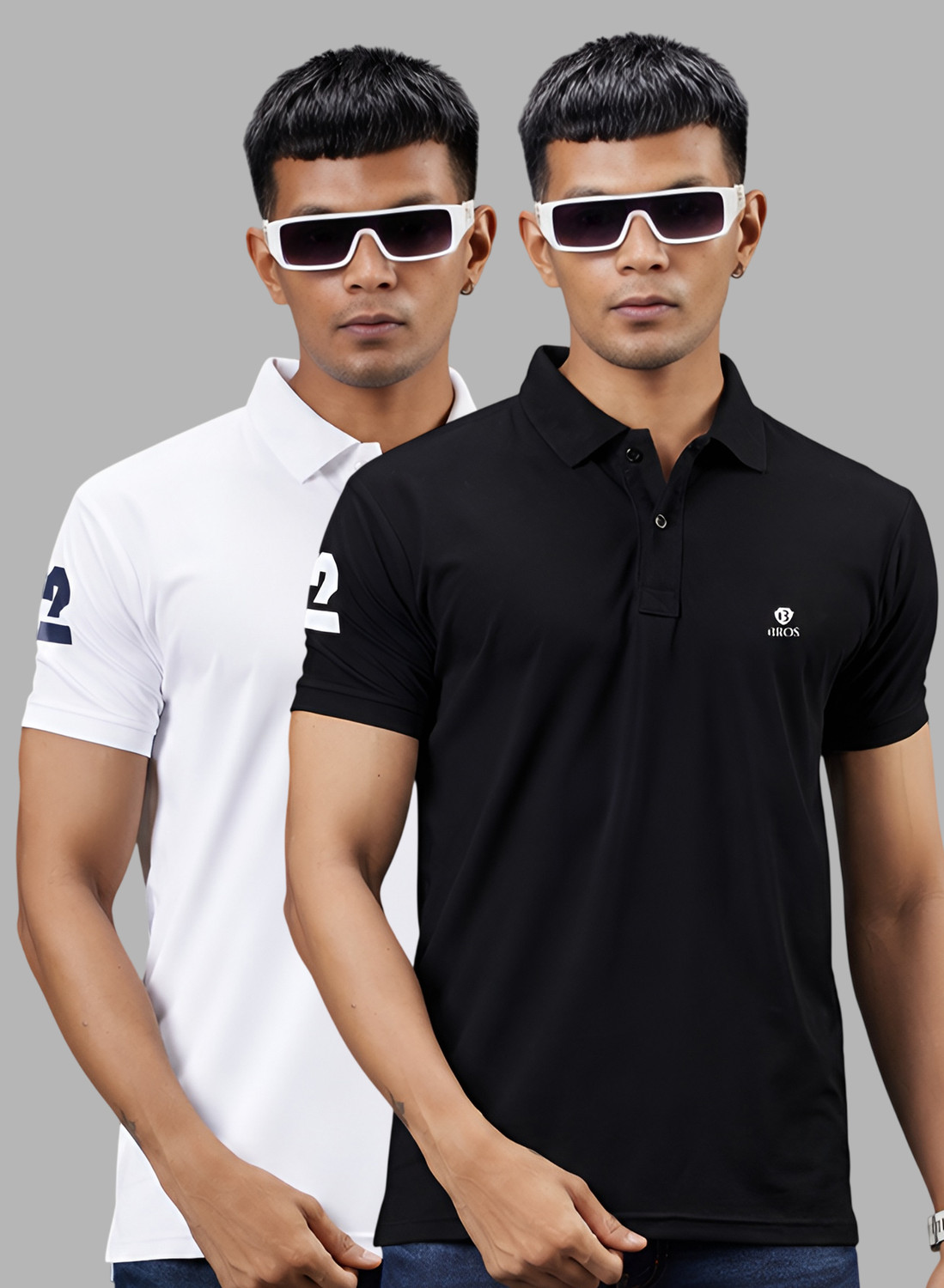 Image of 3BROS Printed Men Polo Neck White, Black T-Shirt