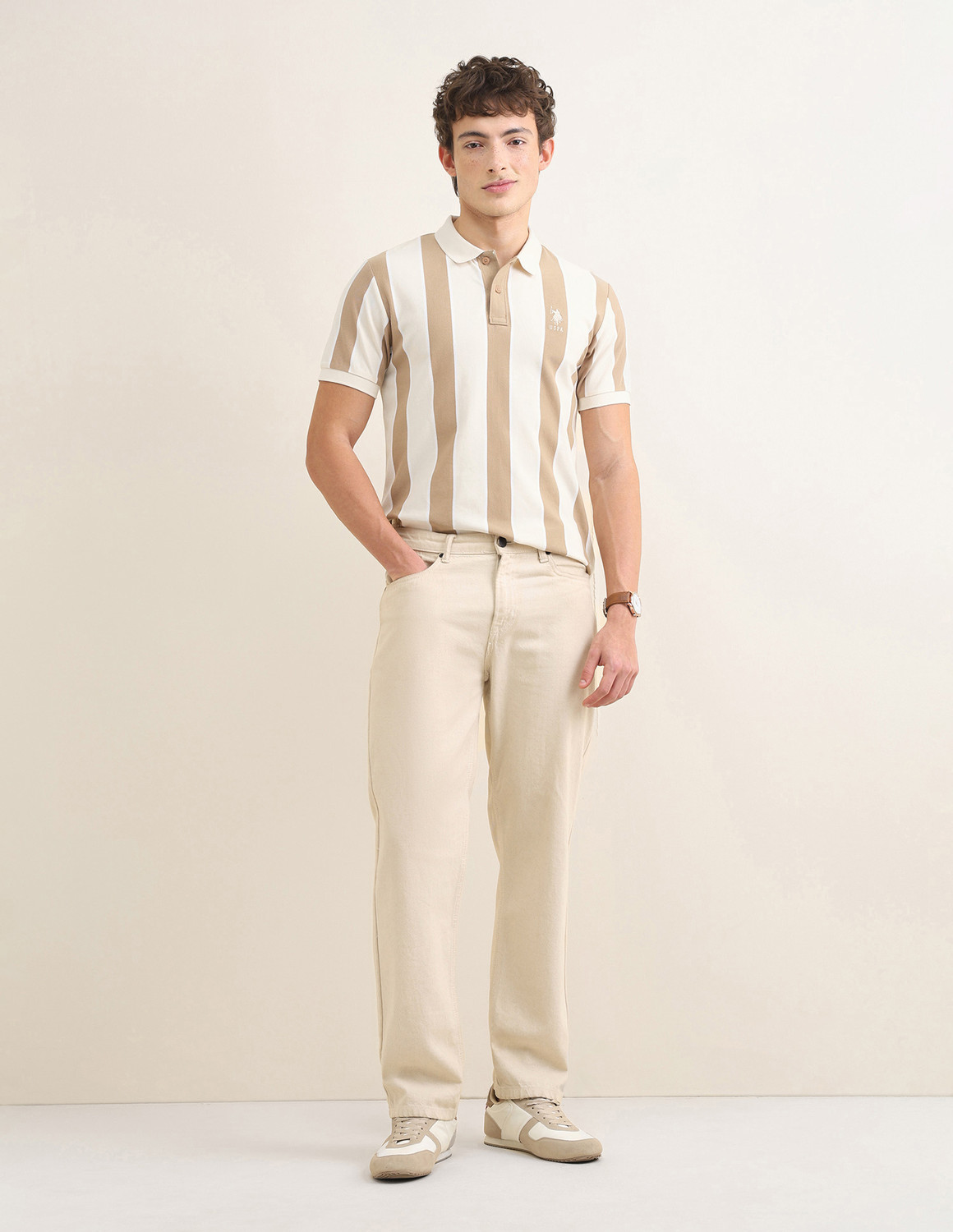 Image of U.S. POLO ASSN. Striped Men Polo Neck Beige T-Shirt