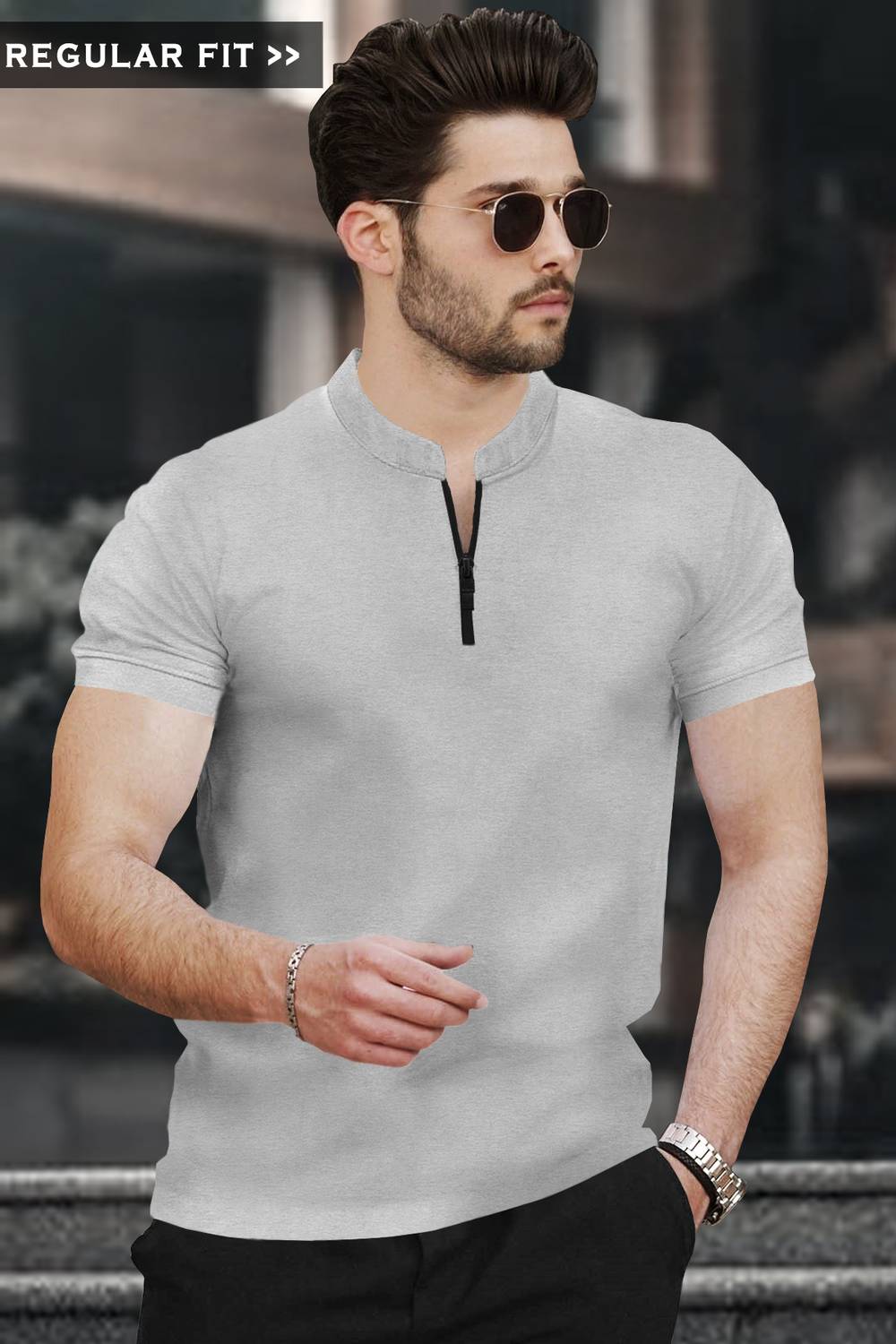 TRIPR Men Solid Mandarin Collar Cotton Blend Grey T-Shirt