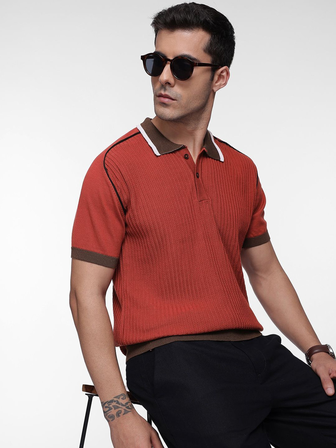Image of French Connection Self Design Men Polo Neck Red T-Shirt