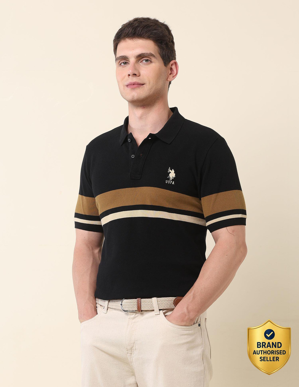 Image of U.S. POLO ASSN. Striped Men Polo Neck Black T-Shirt