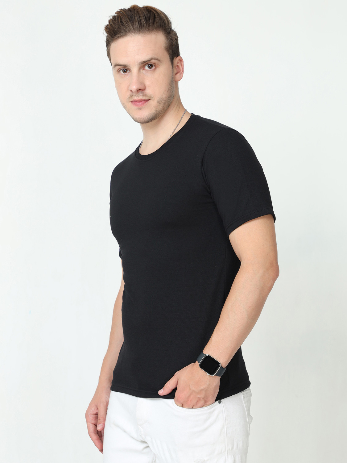 Image of Wafaa Solid Men Round Neck Black T-Shirt