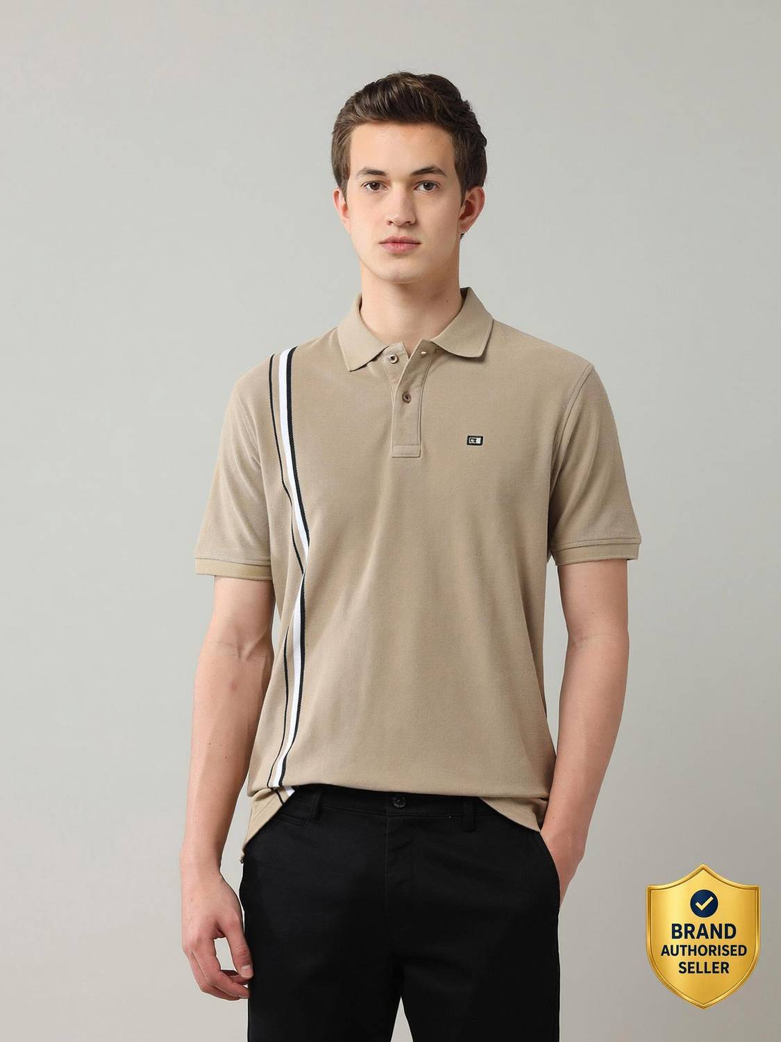 Arrow Sport Striped Men Polo Neck Beige T-Shirt