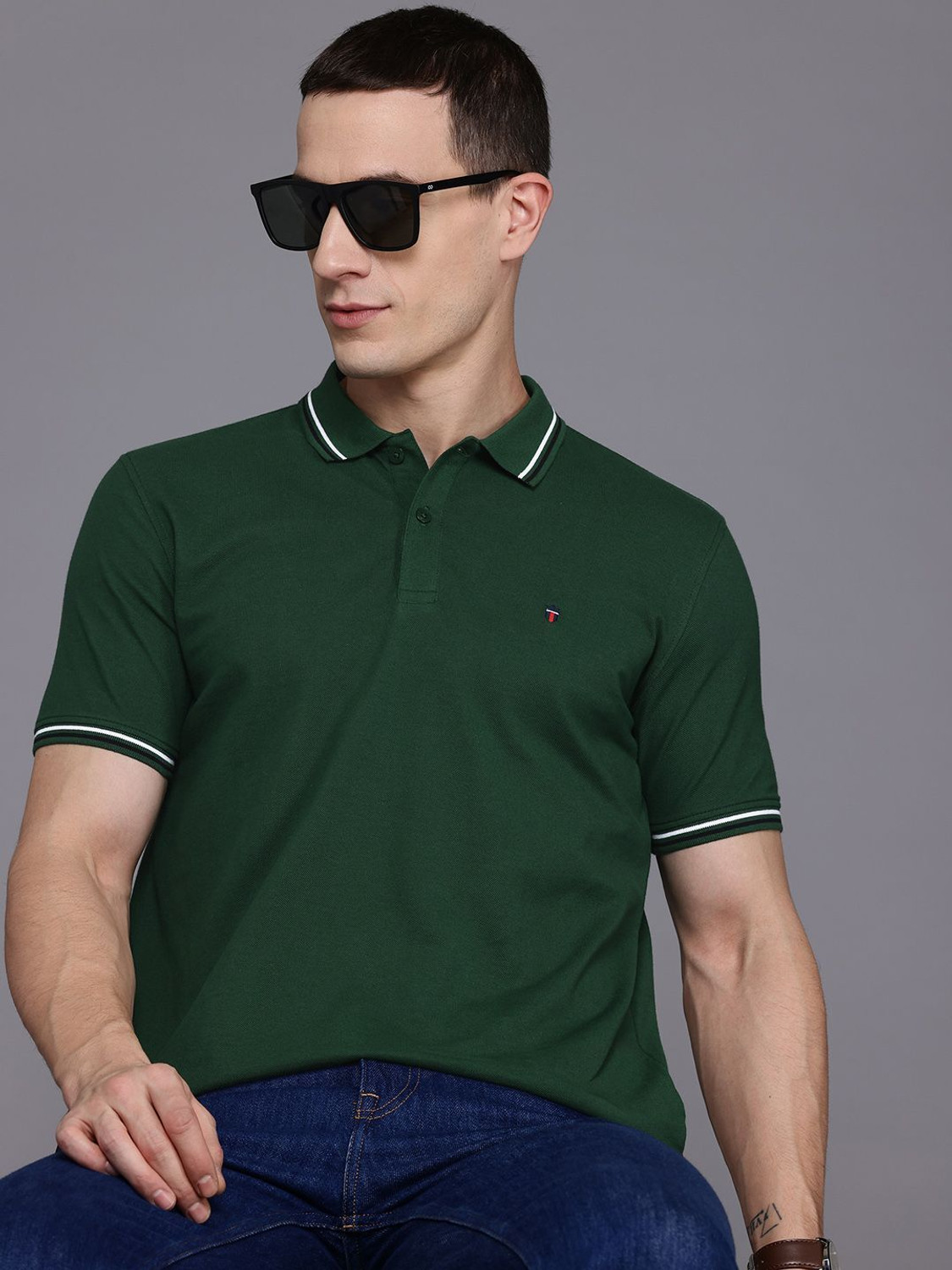 Image of Louis Philippe Sport Solid Men Polo Neck Dark Green T-Shirt