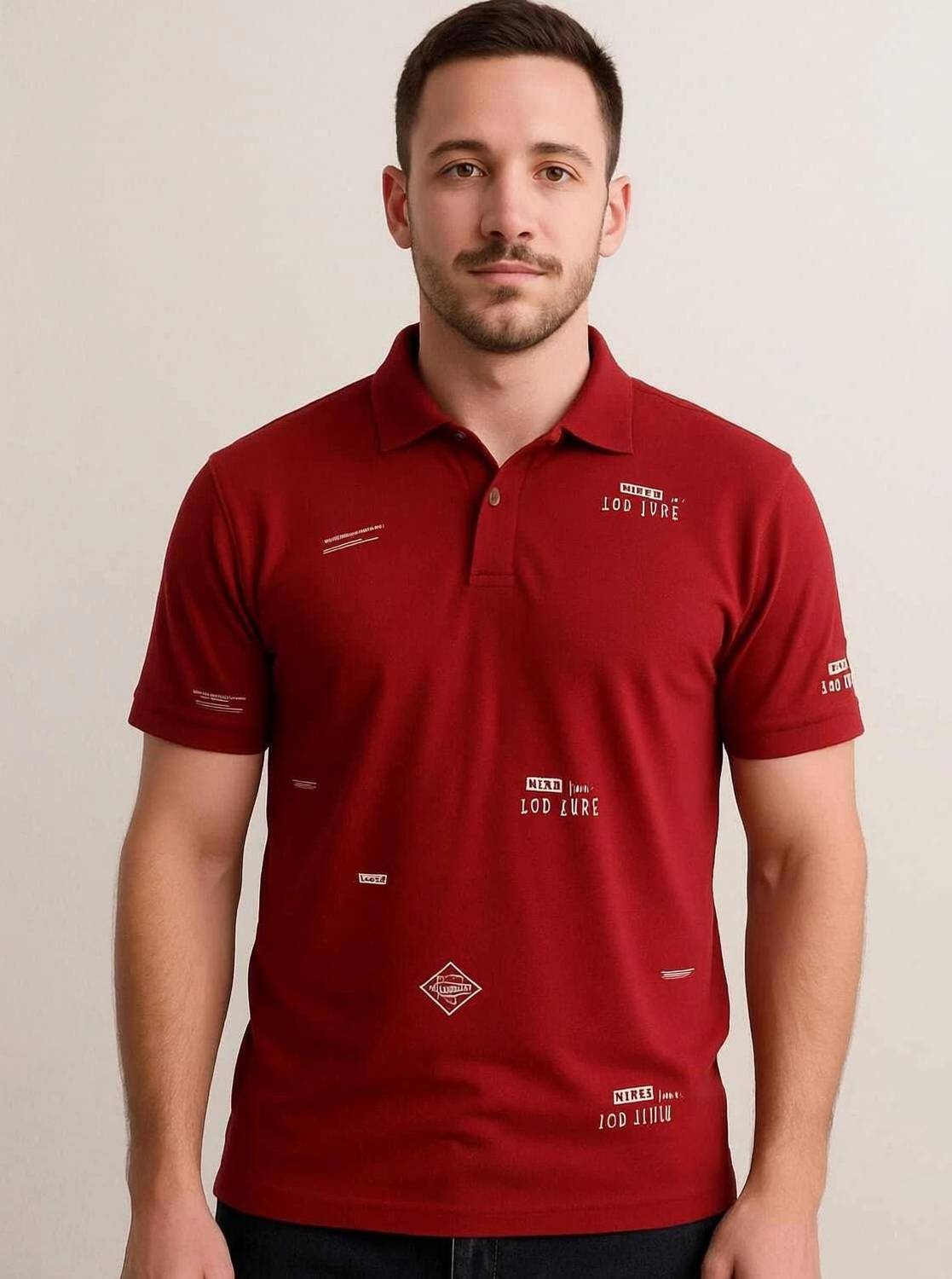 3BROS Printed Men Polo Neck Maroon T-Shirt