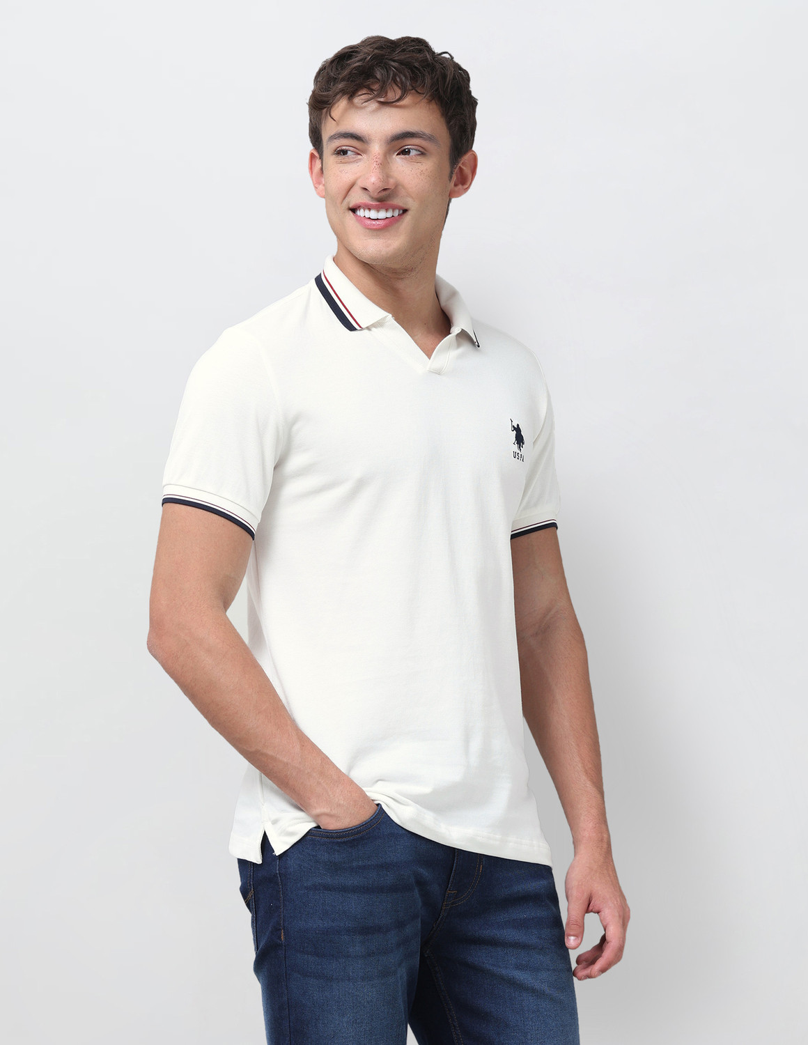 Image of U.S. POLO ASSN. Solid Men Polo Neck White T-Shirt