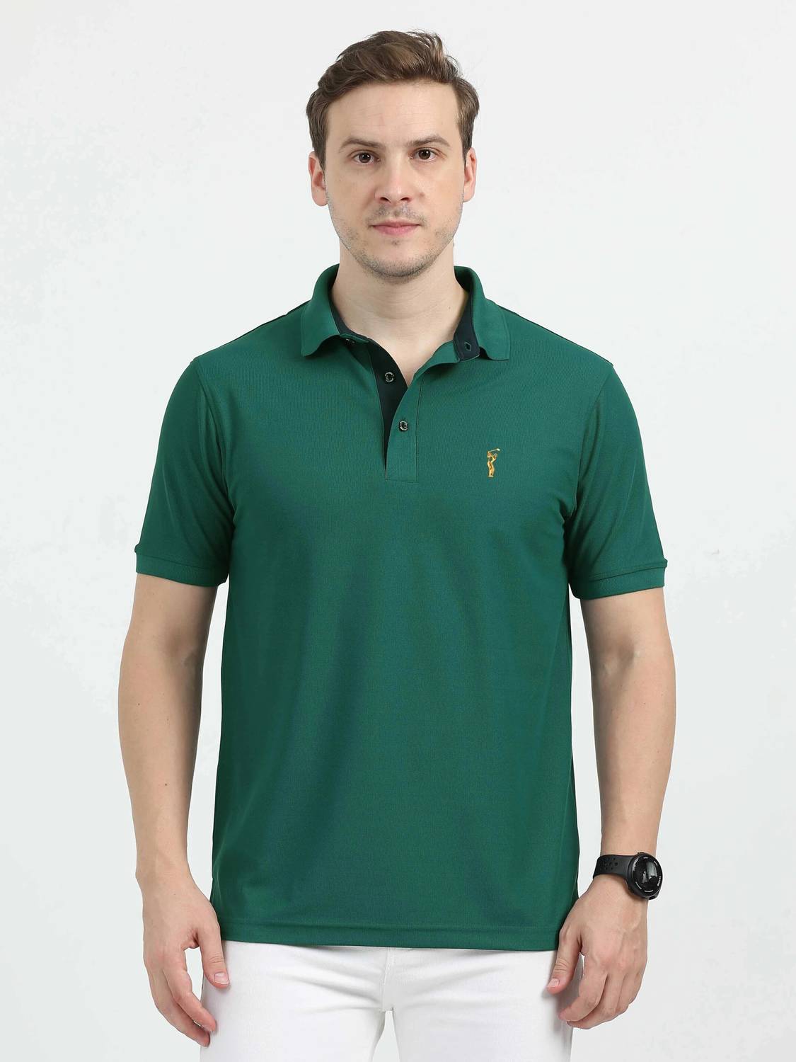 Stellers Men Solid Polo Neck Polyester Green T-Shirt