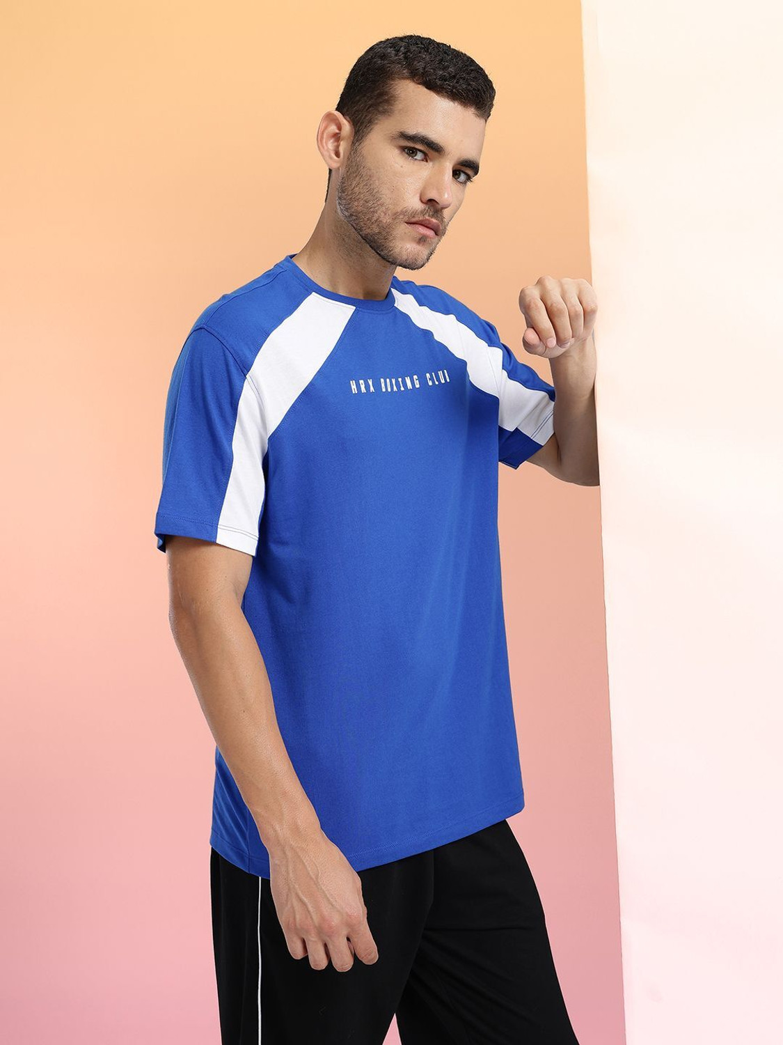 Image of HRX by Hrithik Roshan Striped Men Round Neck Blue T-Shirt