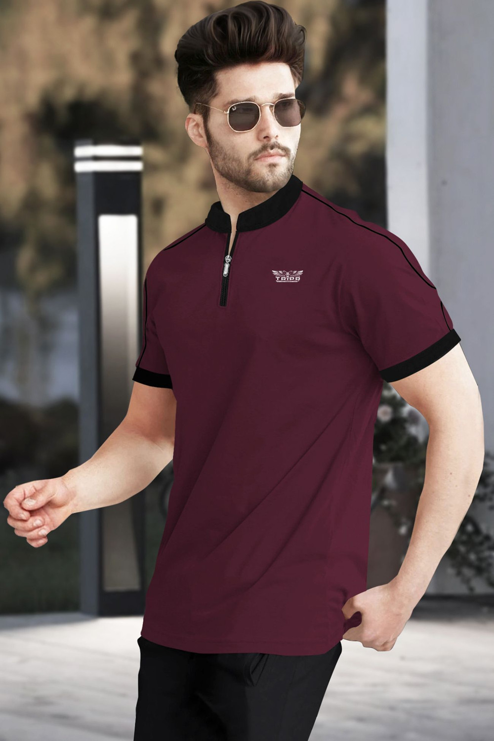 Image of TRIPR Printed Men Mandarin Collar Maroon, Black T-Shirt
