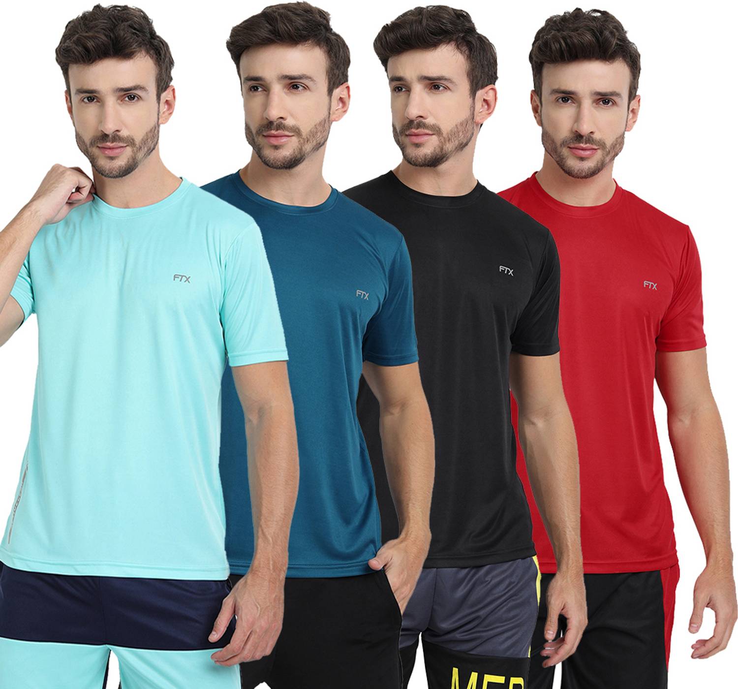 FTX Pack of 4 Men Solid Round Neck Polyester Light Blue, Red, Blu