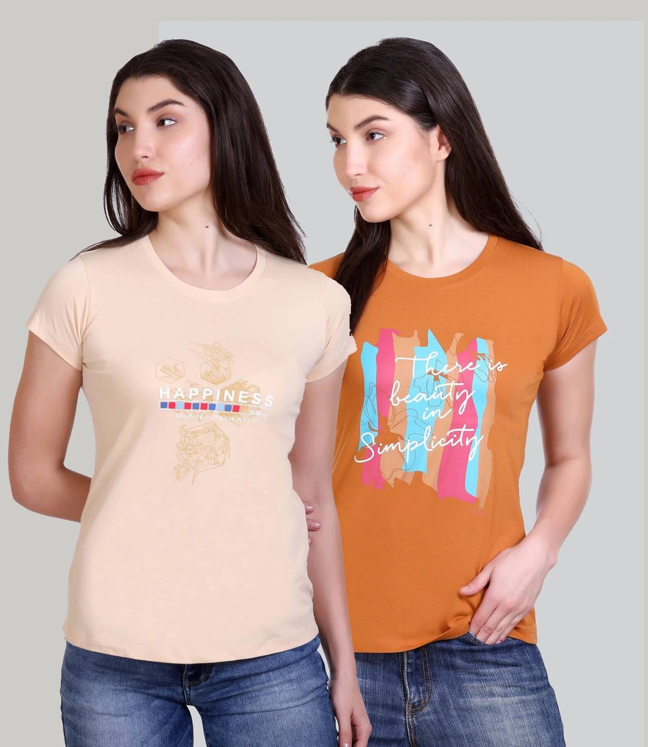 BILBURY Printed Women Round Neck Beige, Orange T-Shirt