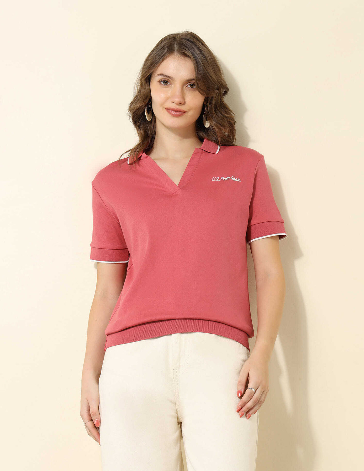 Image of U.S. POLO ASSN. Solid Women Polo Neck Pink T-Shirt