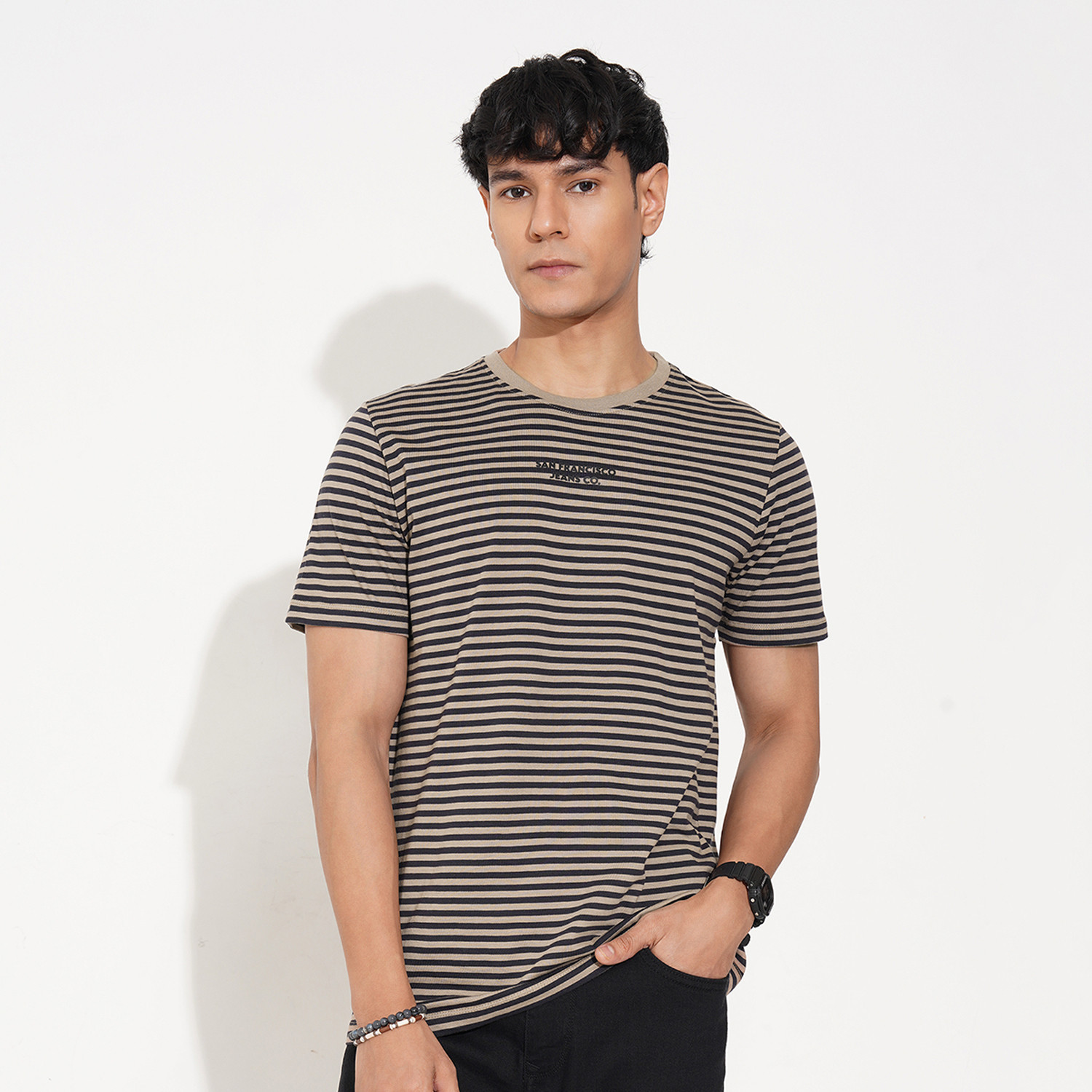 Image of SF Jeans by Pantaloons Striped Men Round Neck Multicolor T-Shirt