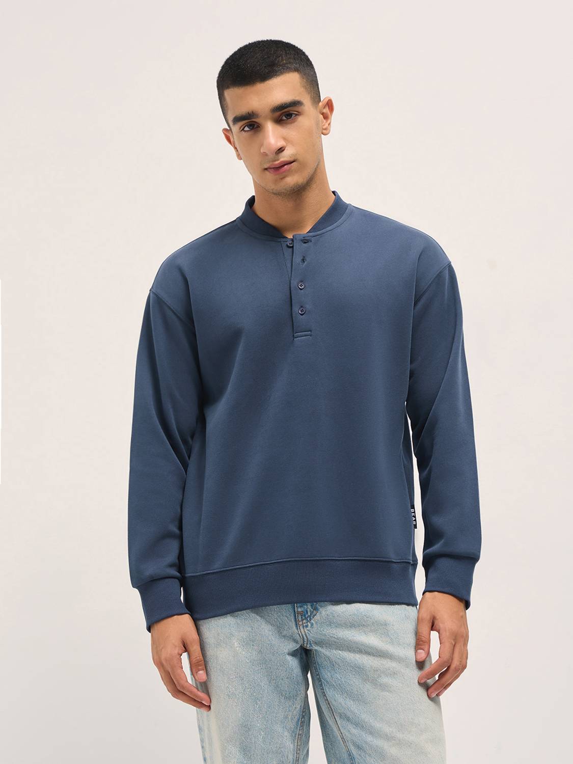 THE BEAR HOUSE Solid Men Henley Neck Blue T-Shirt