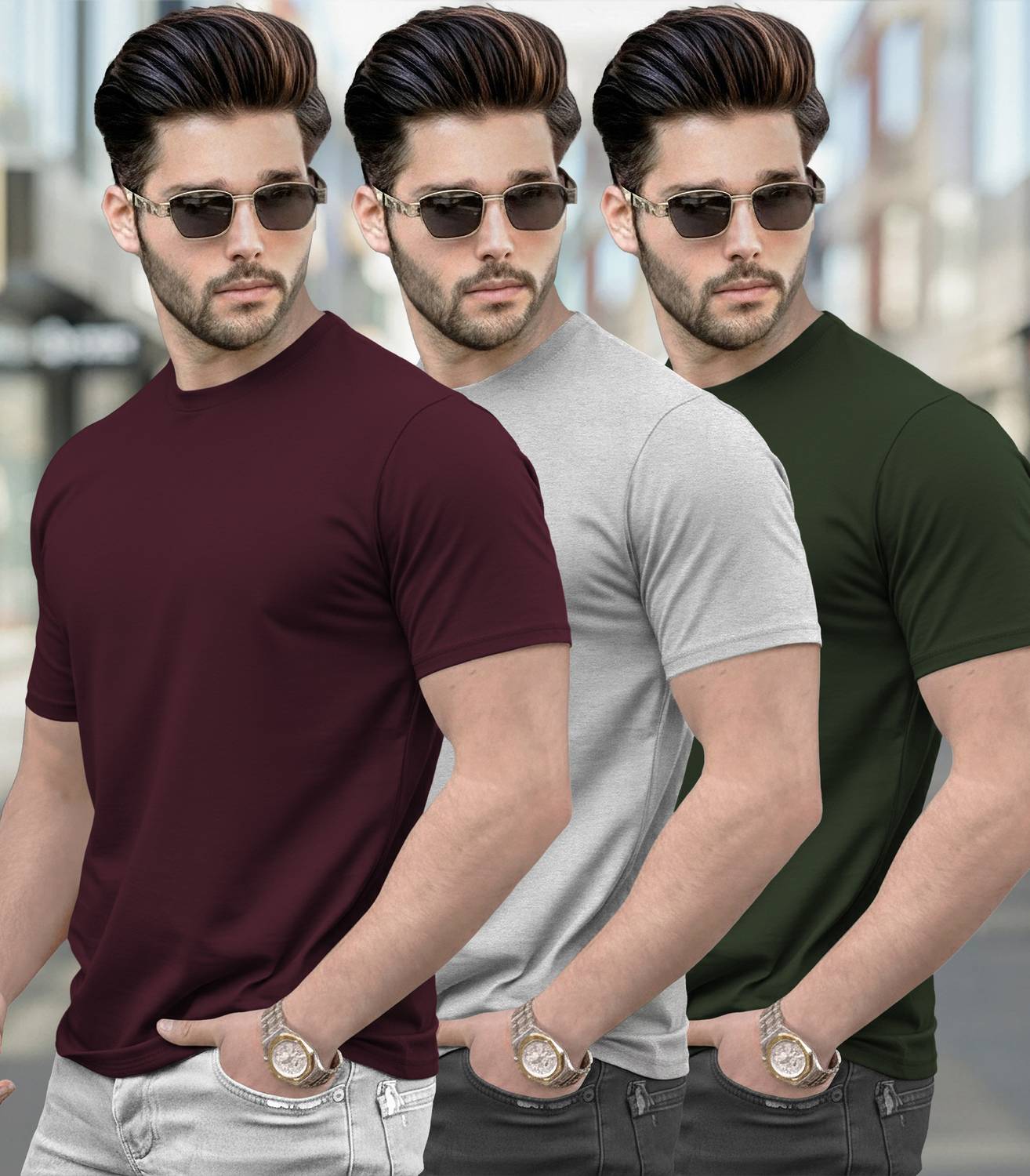 TRIPR Pack of 3 Men Solid Round Neck Cotton Blend Multicolor T-Sh