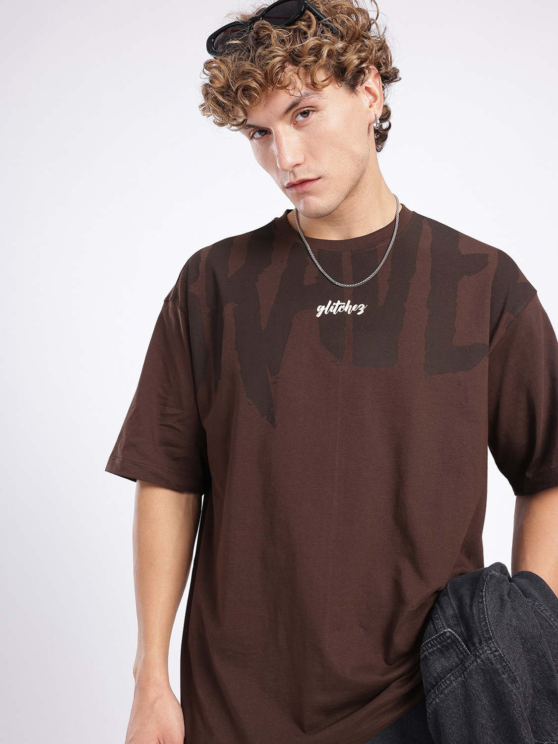 Image of Glitchez Graphic Print Men Round Neck Brown T-Shirt