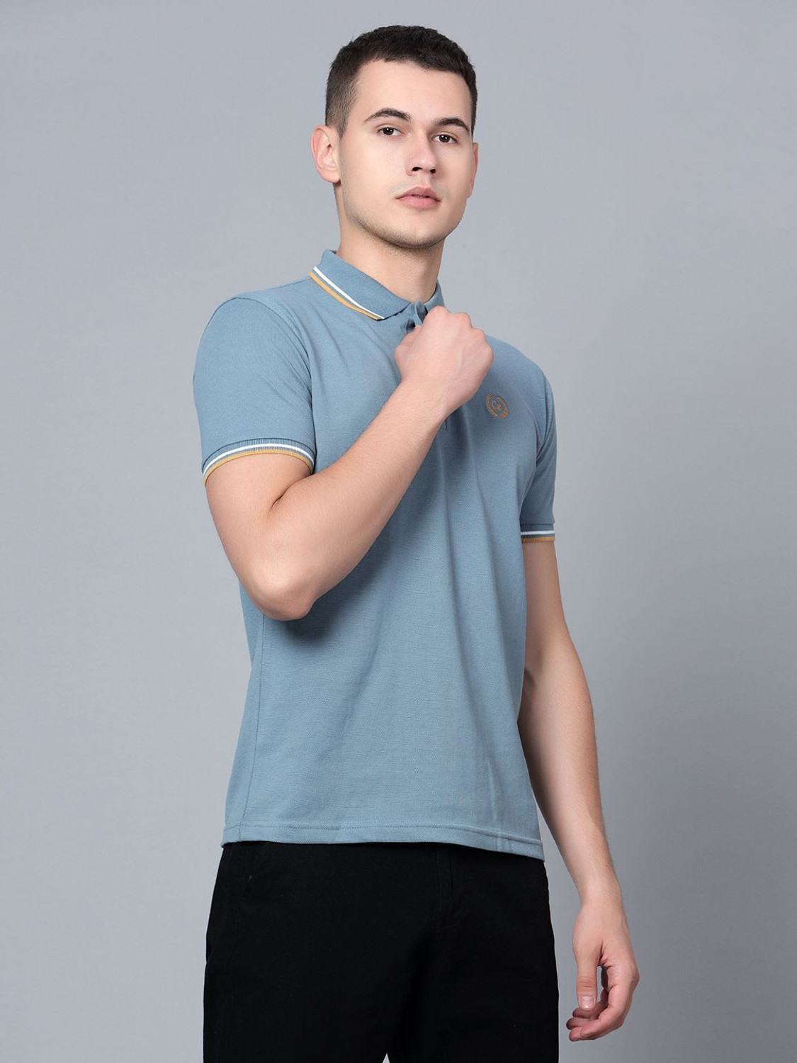 Image of CANTABIL Solid Men Polo Neck Blue T-Shirt