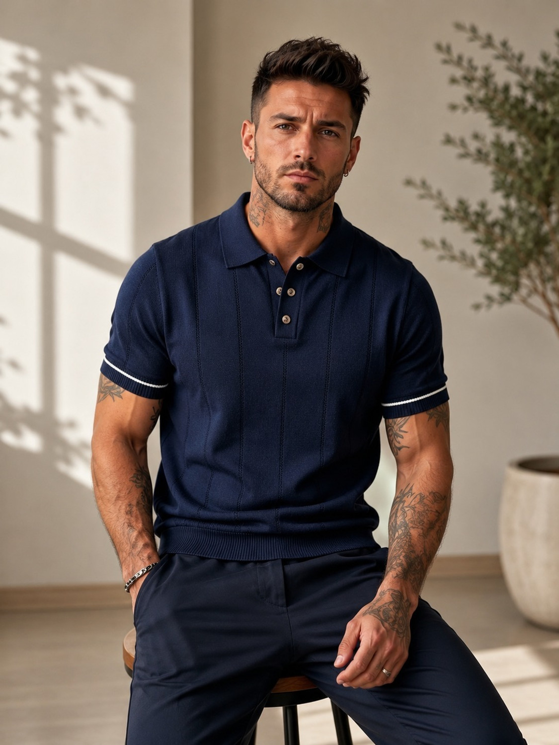 Image of sti Solid Men Polo Neck Navy Blue T-Shirt
