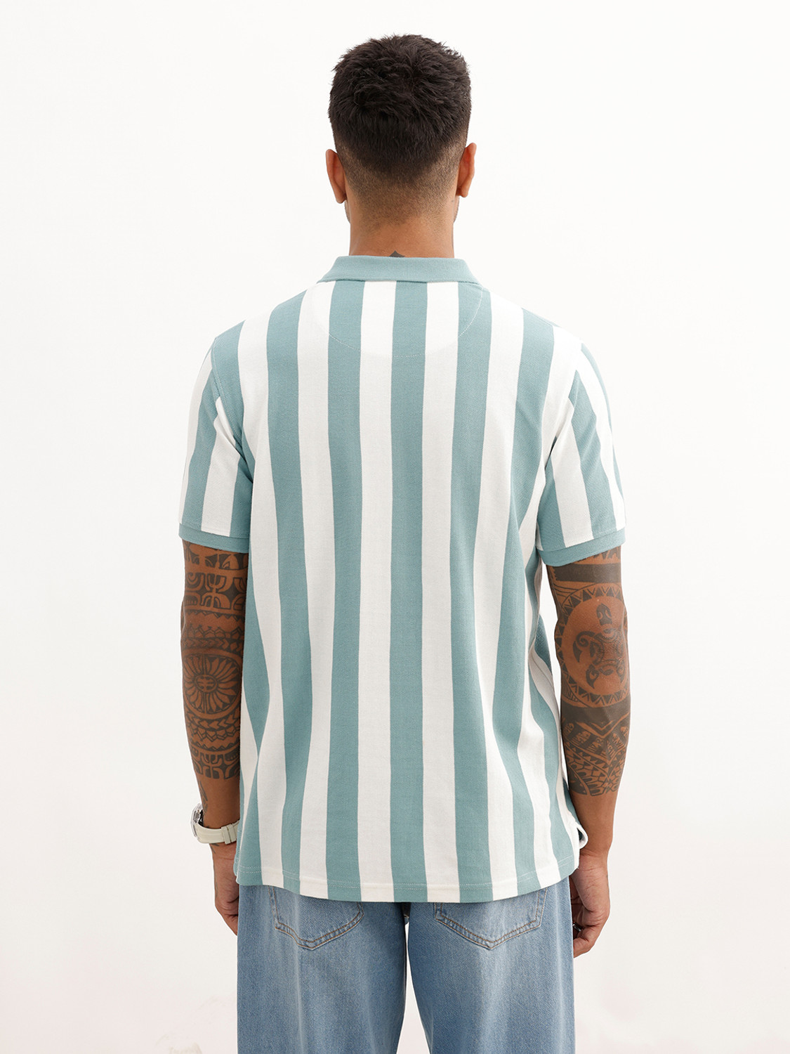 Image of WROGN Men Striped Polo Neck Pure Cotton Green T-Shirt