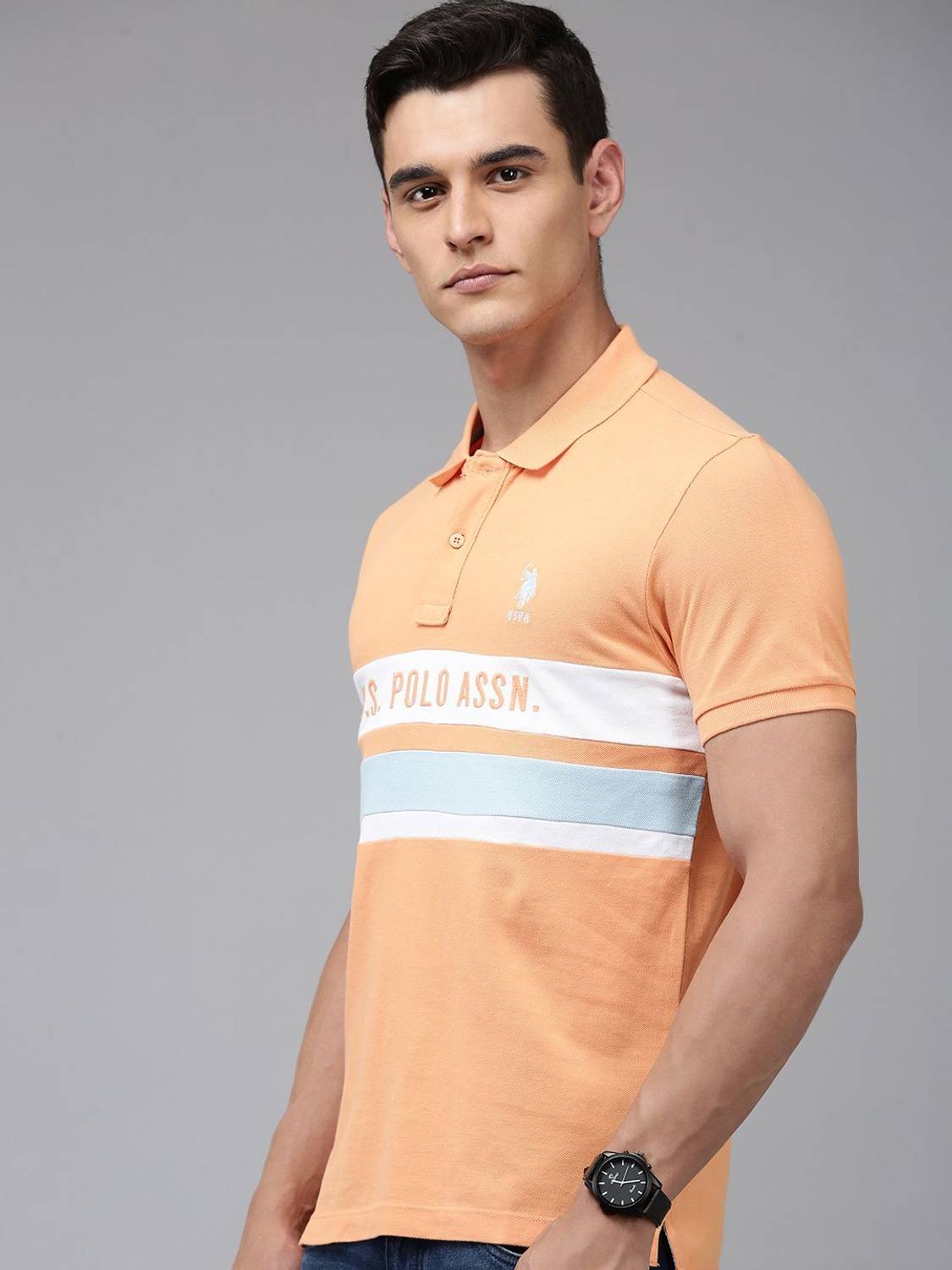 U.S. POLO ASSN. Men Solid Polo Neck Pure Cotton Orange T-Shirt