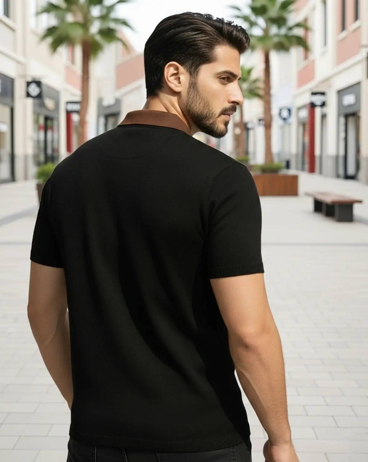 KAJARU Colorblock Men Zip Neck Beige T-Shirt - Image 2