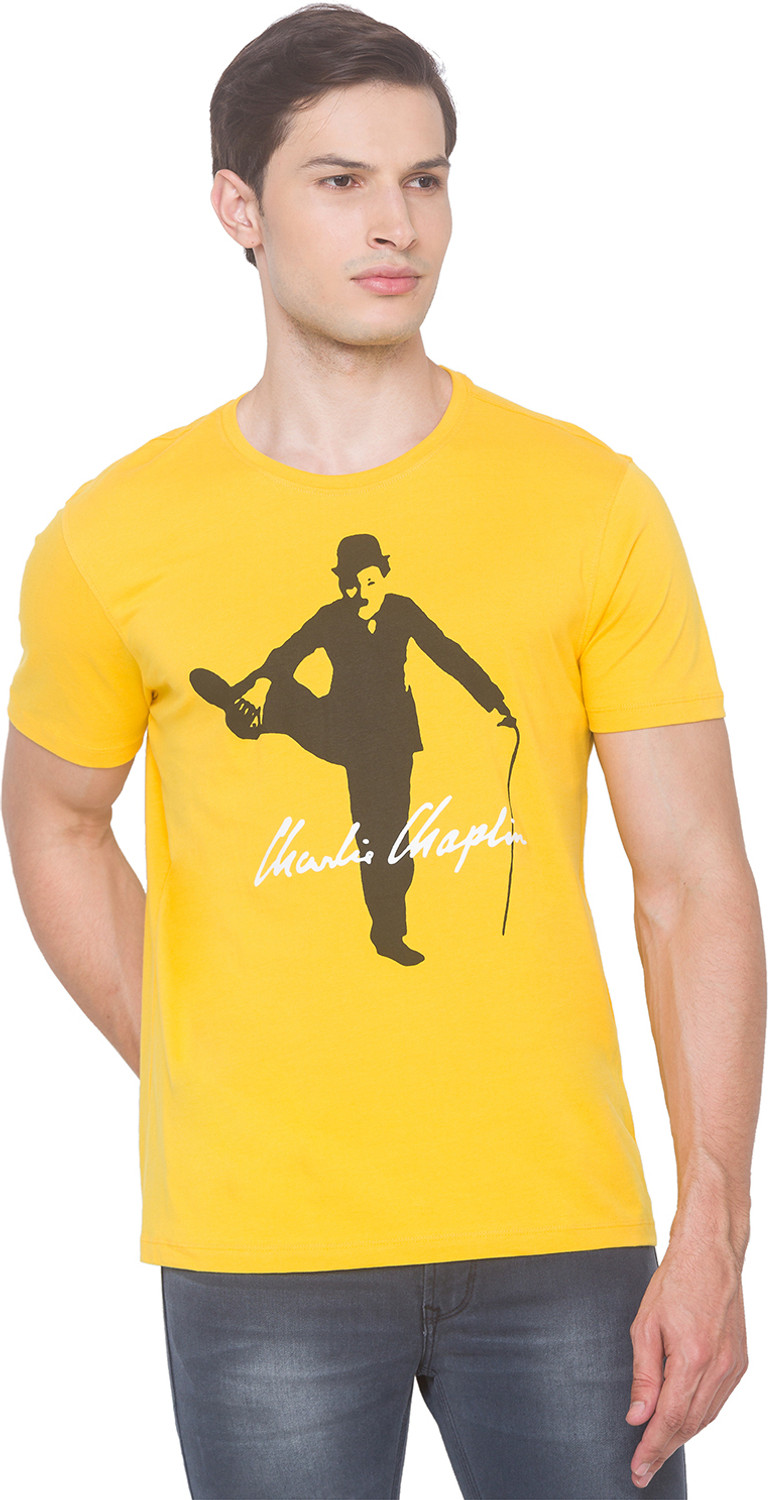 Image of Spykar Printed Men Round Neck Yellow T-Shirt