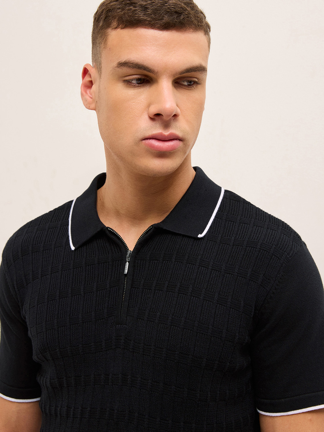 Image of THE BEAR HOUSE Self Design Men Polo Neck Black T-Shirt