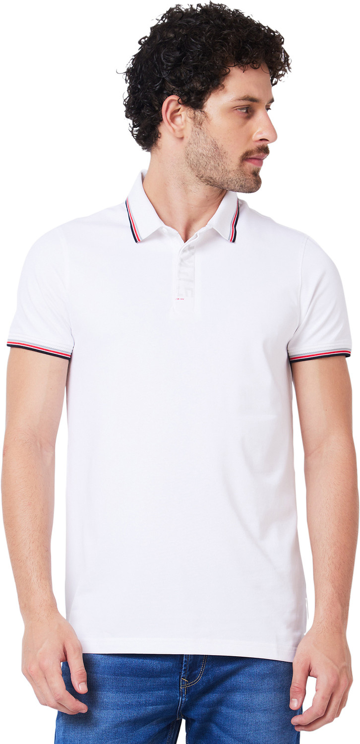 Image of Spykar Solid Men Polo Neck White T-Shirt