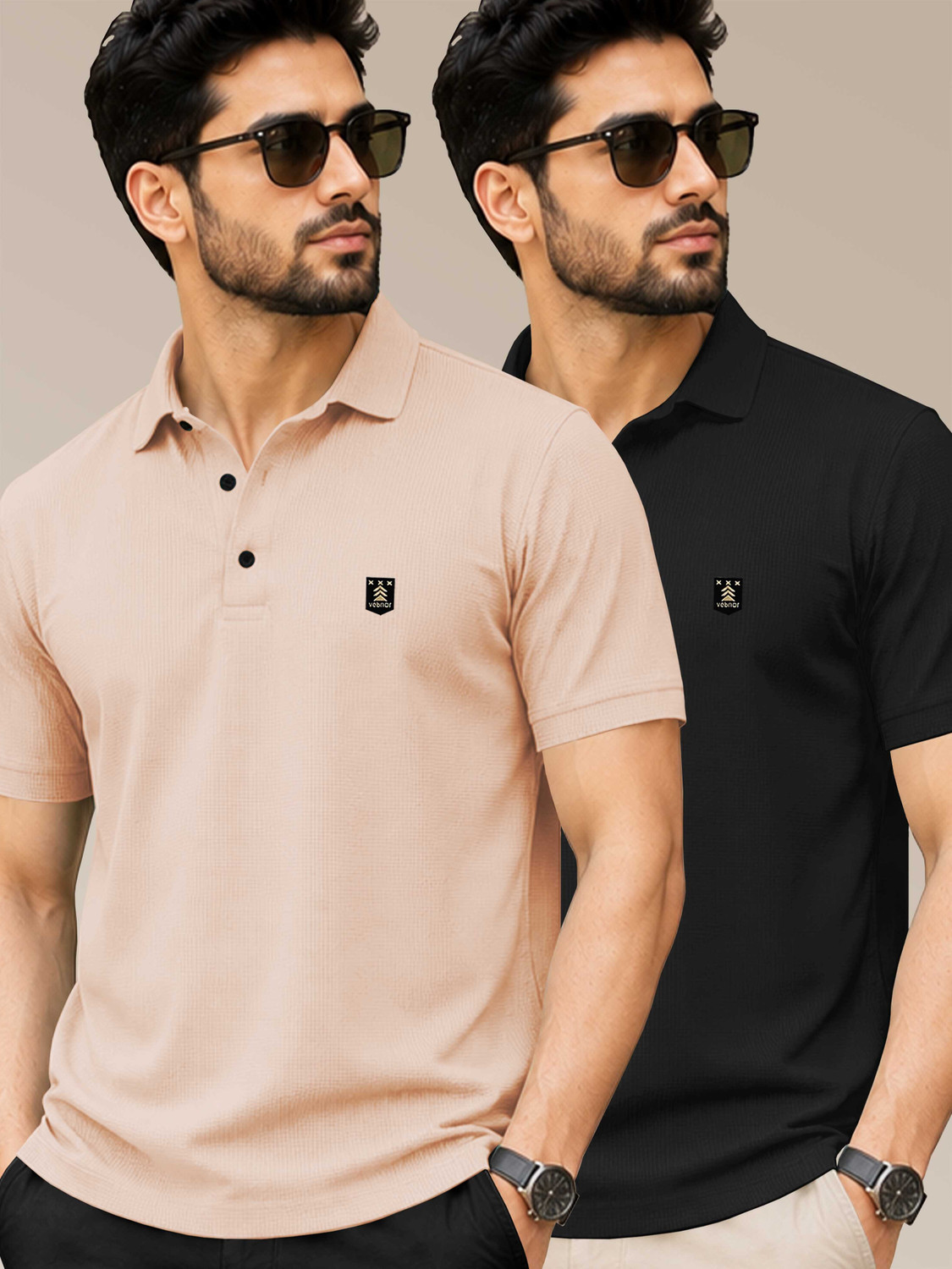 Image of VeBNoR Solid Men Polo Neck Black, Beige T-Shirt