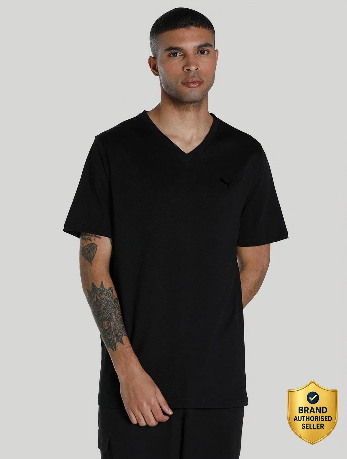Image of PUMA Solid Men V Neck Black T-Shirt