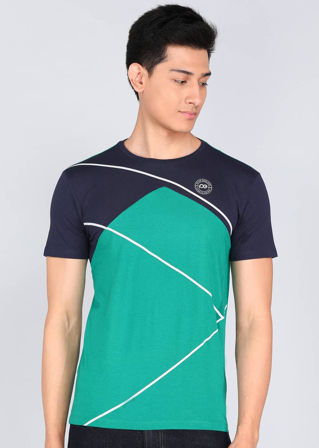 PETER ENGLAND Men Self Design Round Neck Polycotton Green T-Shirt