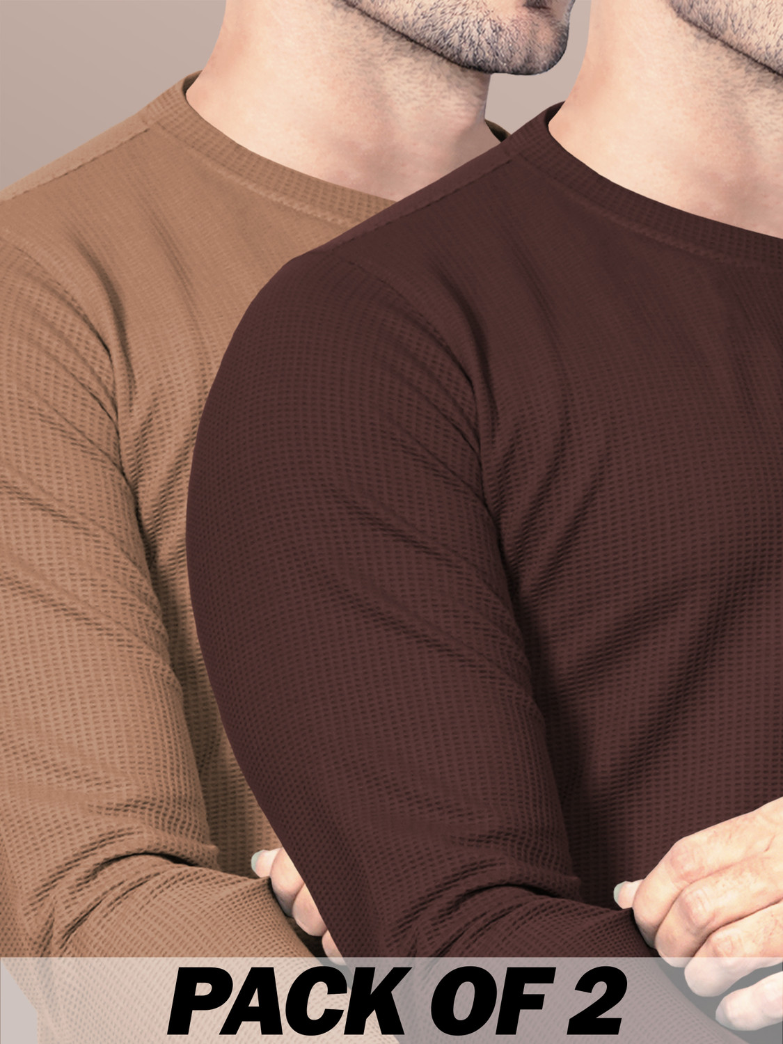 Image of VeBNoR Self Design Men Round Neck Brown, Beige T-Shirt