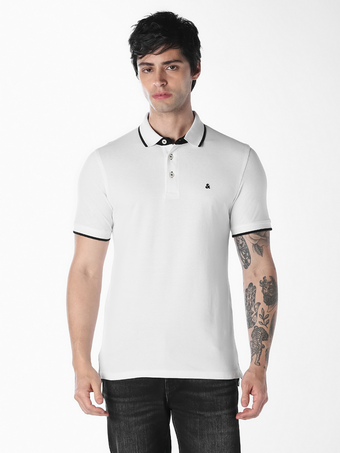 Image of JACK & JONES Colorblock Men Polo Neck White T-Shirt