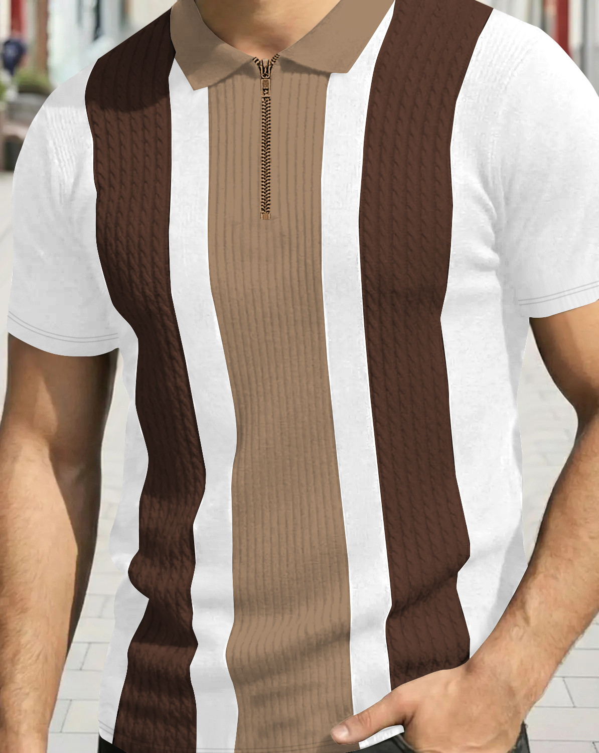Image of KAJARU Striped, Self Design Men Polo Neck Beige, Brown, White T-Shirt