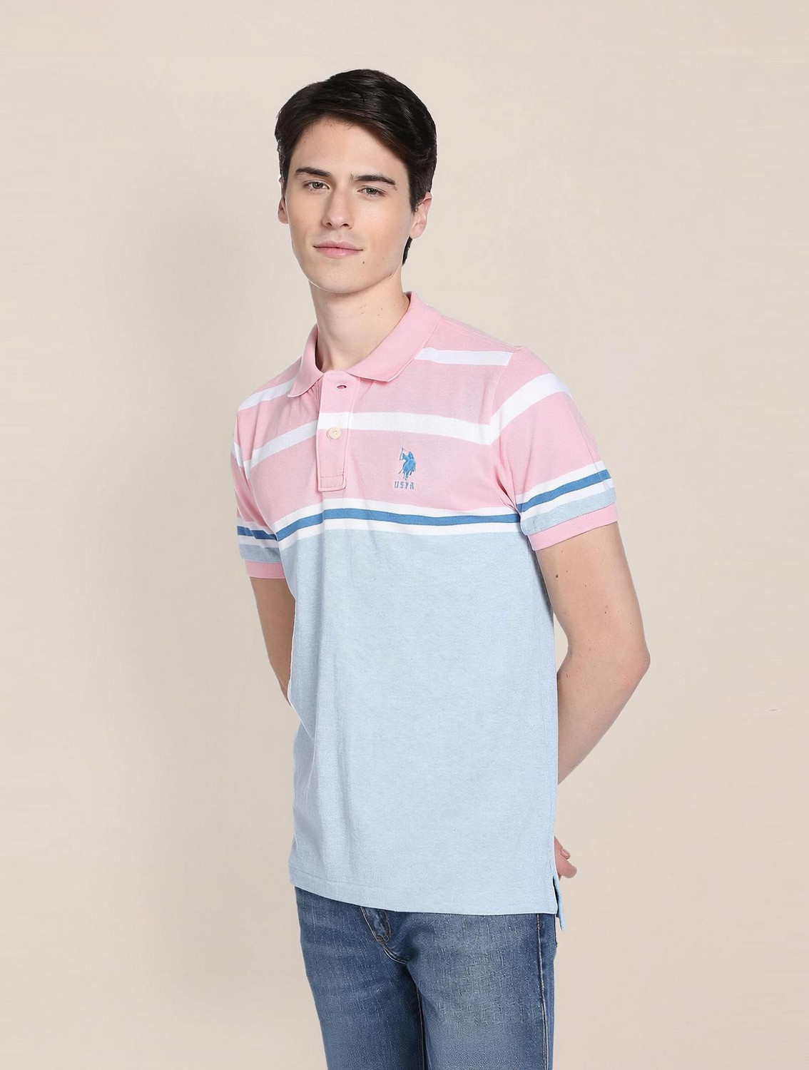 Image of U.S. POLO ASSN. Colorblock Men Polo Neck Pink T-Shirt