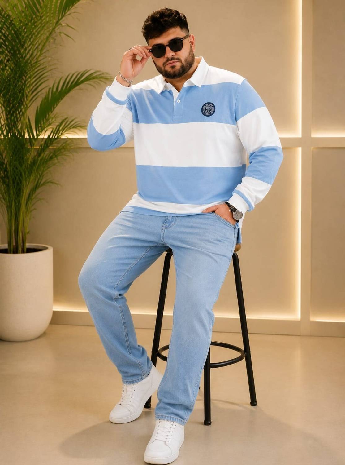 Men Colorblock Polo Neck Cotton Blend Blue T-Shirt - Image 5