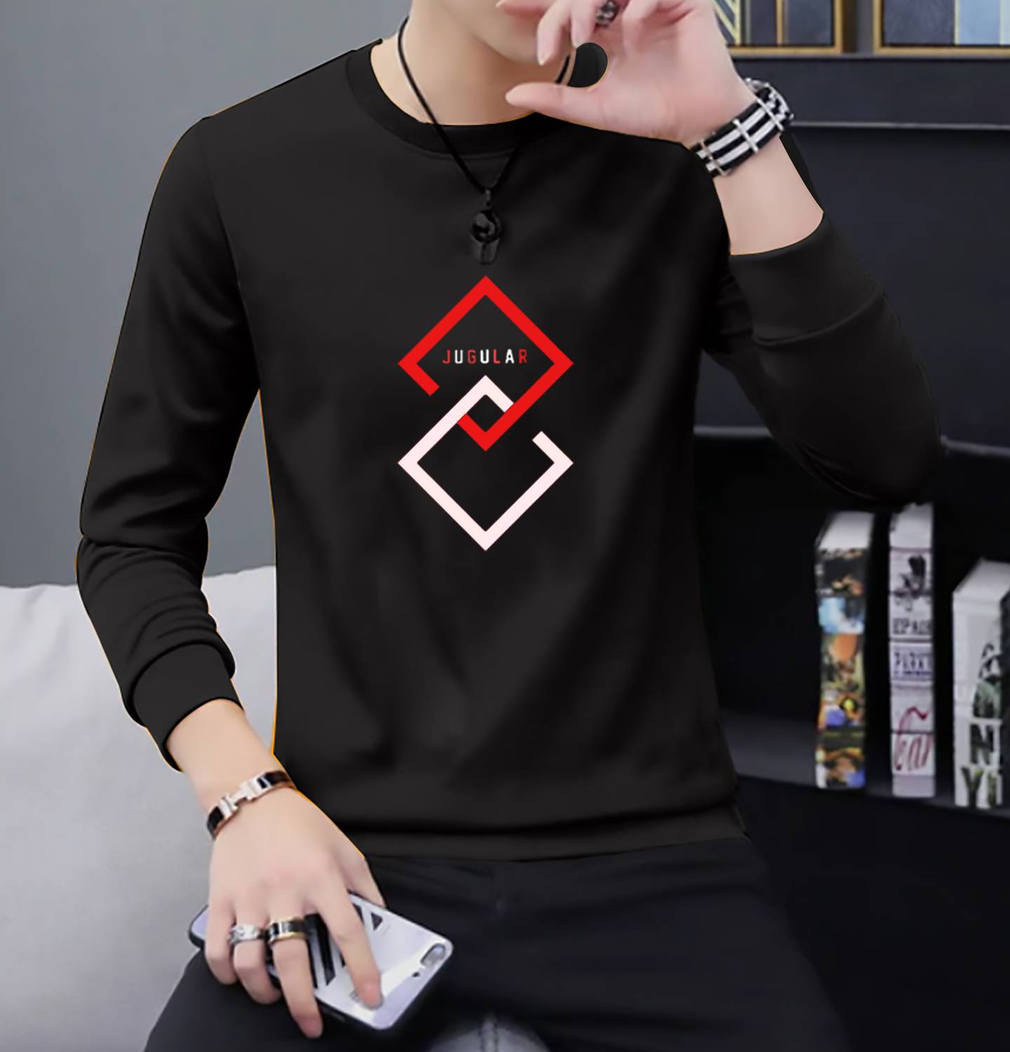 JUGULAR Men Printed Round Neck Pure Cotton Black T-Shirt