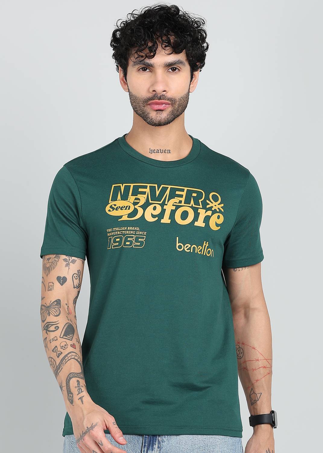 United Colors of Benetton Men Printed Round Neck Polycotton Green