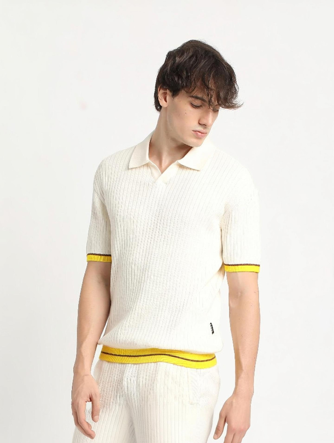 Image of THE BEAR HOUSE Self Design Men Polo Neck White T-Shirt
