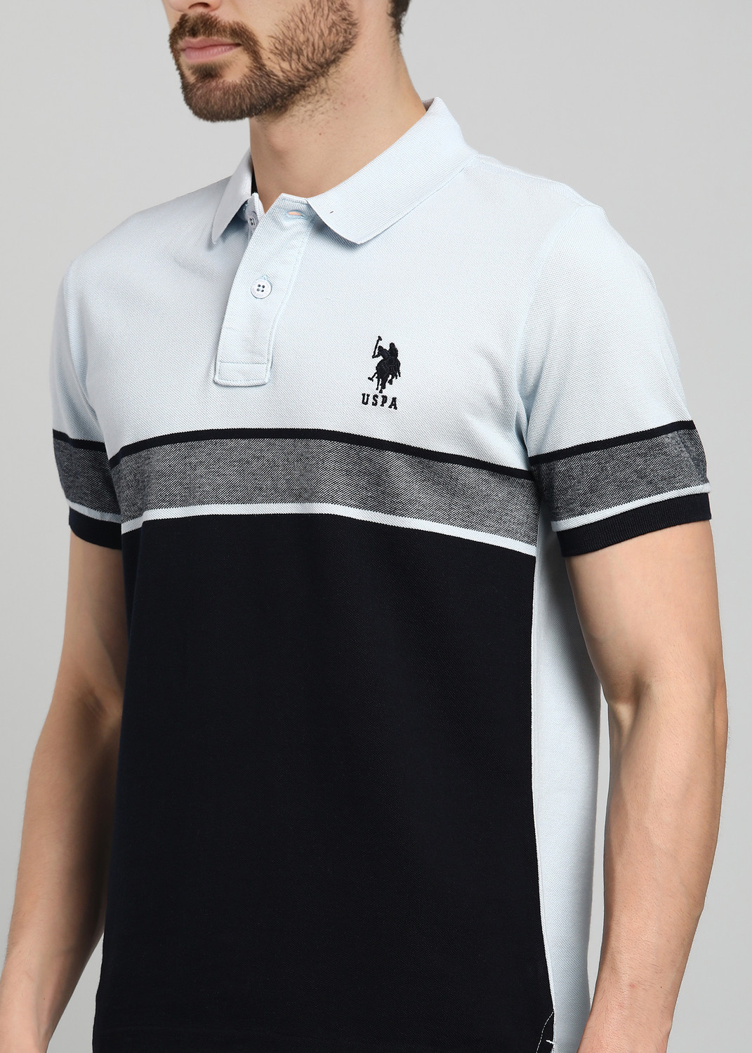 Image of U.S. POLO ASSN. Men Colorblock Polo Neck Pure Cotton Light Blue T-Shirt