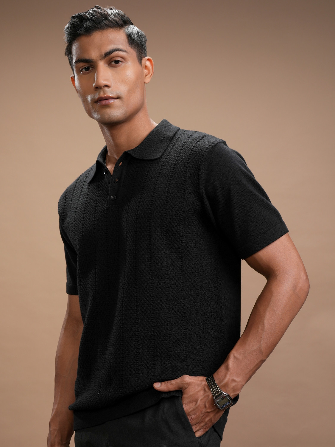 Image of HIGHLANDER Self Design Men Polo Neck Black T-Shirt