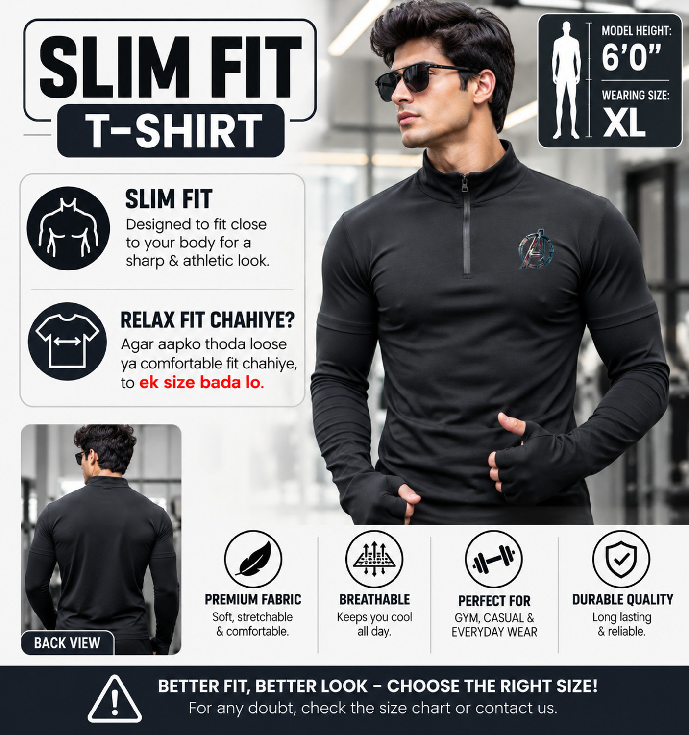 Image of Adabsha Solid Men Zip Neck Black T-Shirt