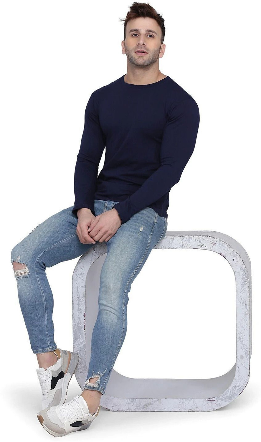 Image of New Trends Collection Solid Men Round Neck Dark Blue, Red T-Shirt