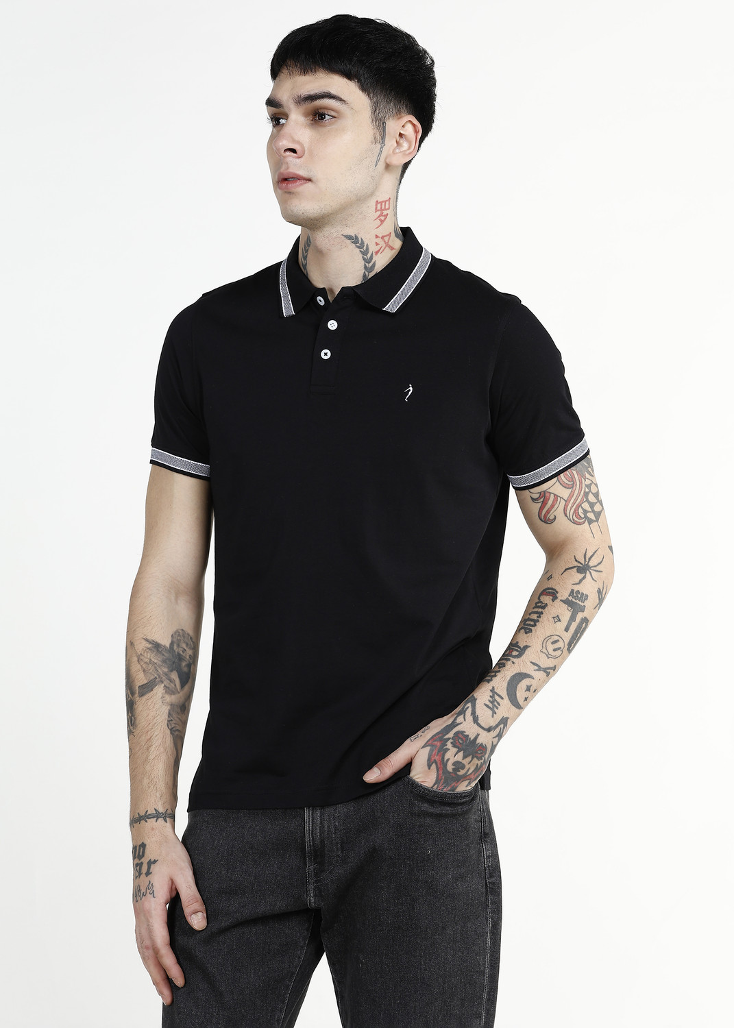 Image of INDIAN TERRAIN Printed Men Polo Neck Black T-Shirt