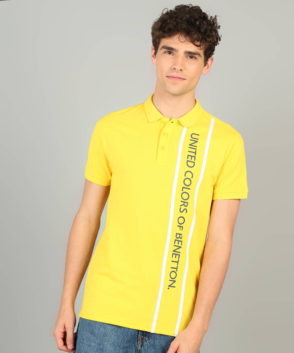 United Colors of Benetton Men Printed Polo Neck Cotton Blend Yell