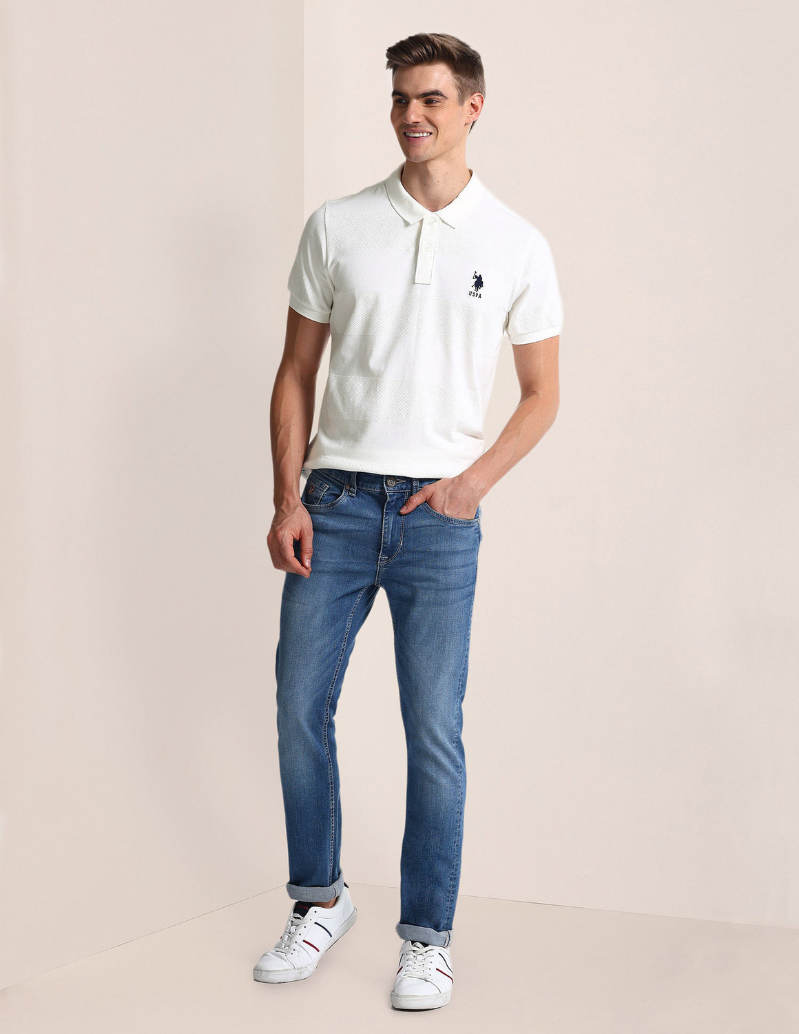 Image of U.S. POLO ASSN. Solid Men Polo Neck White T-Shirt