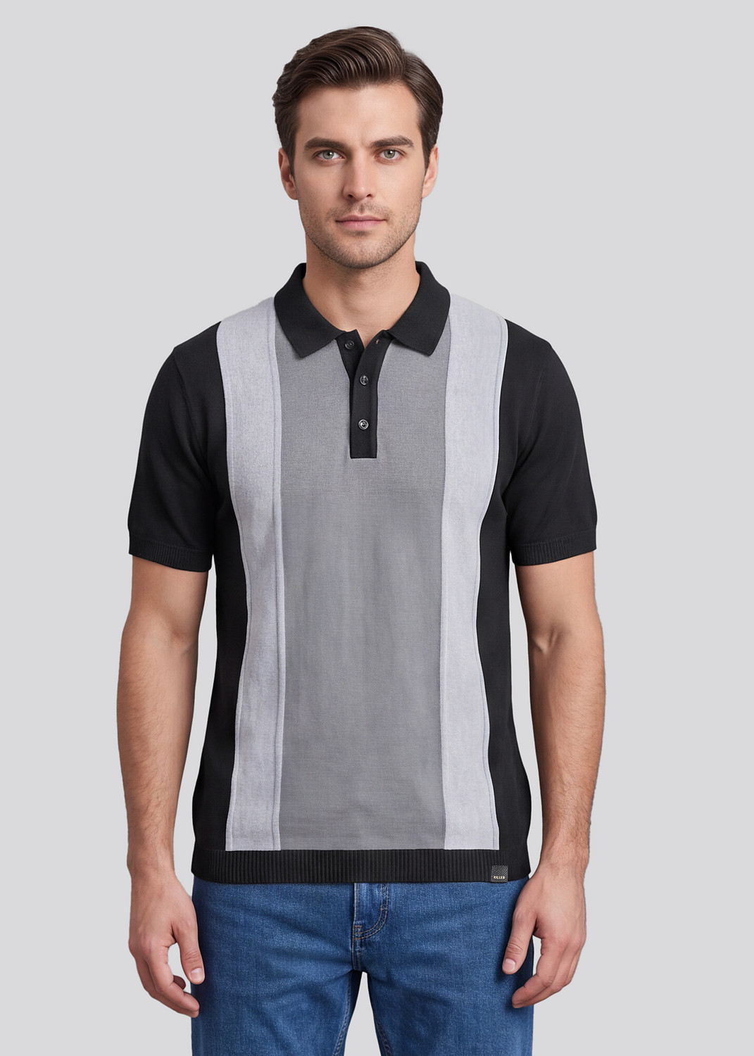 Image of KILLER Flat knit Men Striped Polo Neck Cotton Blend Black T-Shirt
