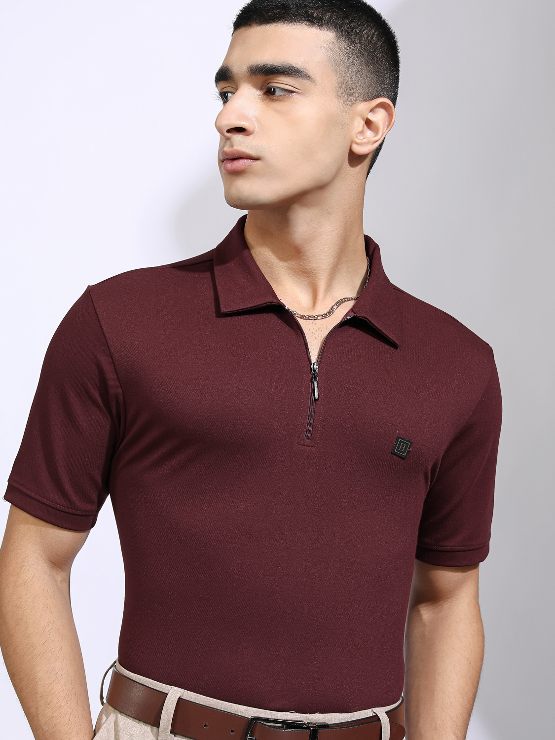 Image of HIGHLANDER Solid Men Polo Neck Maroon T-Shirt