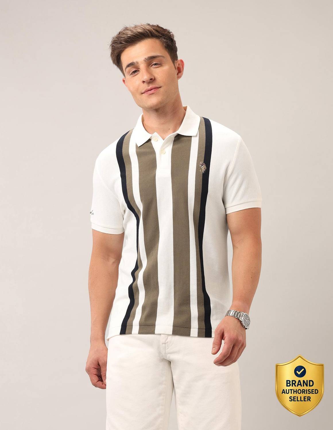 U.S. POLO ASSN. Beige, White Striped Polo Neck T-Shirt - Image 1